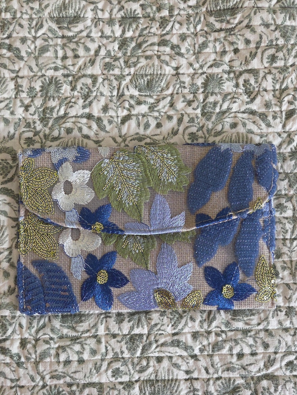 Embroidered Floral Clutch Wallet in Blue and Green